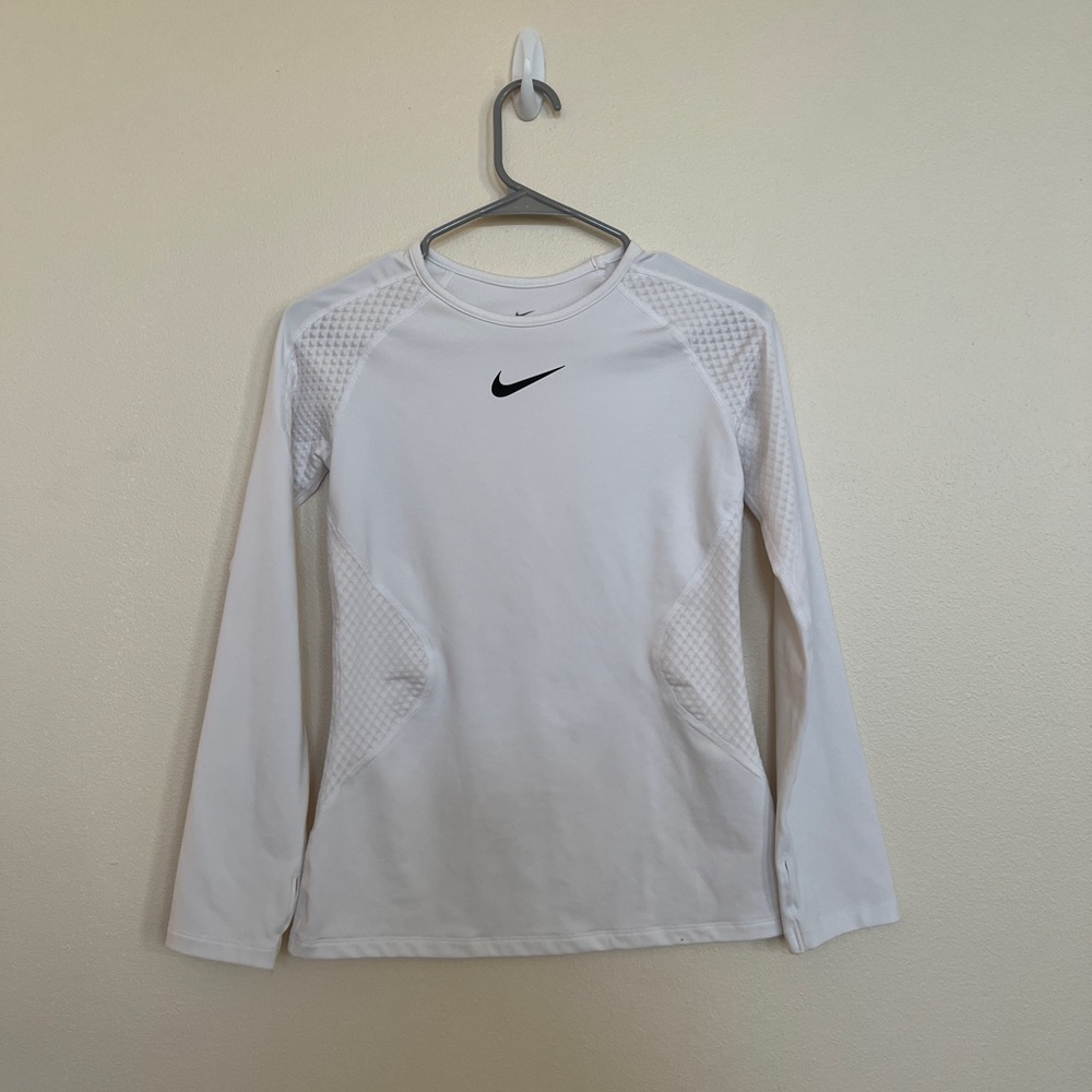 White Nike Dri-fit, Fleece-Lined Long Sleeve Shirt